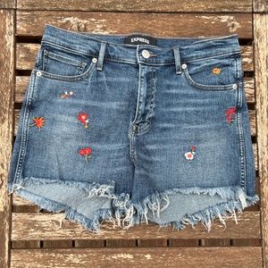 Express Floral Embroidered Denim Hi-Rise Midi Cutoff Stretch Shorts - Size 10